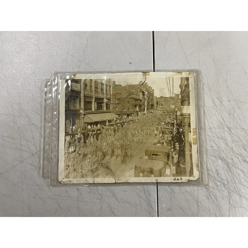 Antique WWI Military Soldiers Parade Photo Downtown Street Scene Massachusetts